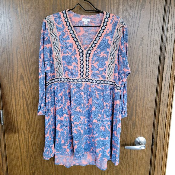 J. Jill Blue and Coral Fall Floral Embroidered Long Sleeve Dress Size Medium - Picture 1 of 16